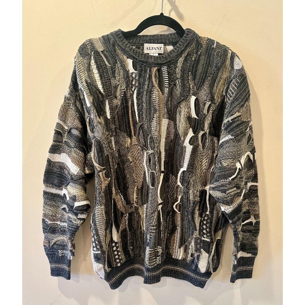 Vintage Coogi Style Sweater Mens Large Grey Italian 3D Knit Textured Chunky 90s